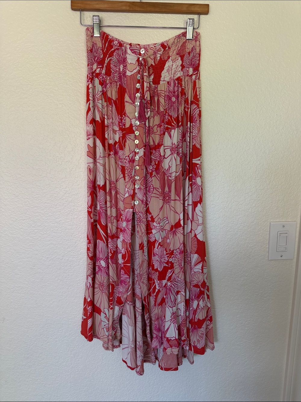 C&C California Red and Pink Floral Button-Front Maxi Skirt